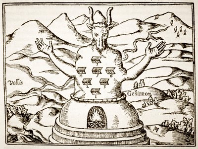 Moloch, kopia ilustracji z Edypa Aegyptiacus autorstwa Atanazego Kirchnera, Rzym 1652, wykorzystana w Historii magii, wydanej pod koniec XIX wieku autorstwa Italian School