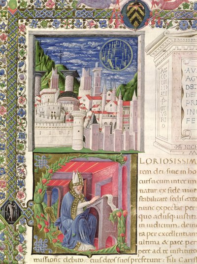 Ms 218 f.2r Widok Rzymu jako miasta Boga i pismo św. Augustyna z „De Civitate Dei” św. Augustyna z Hippony (354-430) 1459 (welum) autorstwa Italian School