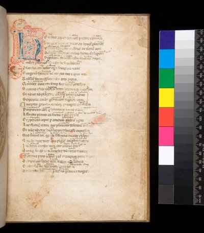 Ms 315. Horace, Ars Poetica i Epistulae, f.1r. Zdobiony inicjał [N] w kolorze niebieskim i czerwonym pieluszkowe wypełnienie i otaczające pióro w kolorze czerwonym autorstwa Italian School