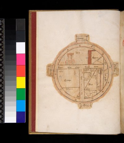 Ms 315. Horace, Ars Poetica i Epistulae, f.1v. T-O Mapa świata z wieżą przedstawiającą Jerozolimę autorstwa Italian School