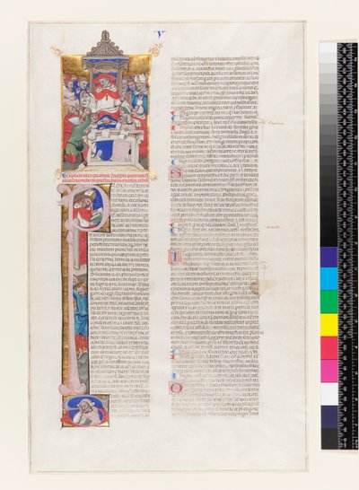 Ms 331 fol.1r Strona tekstu z historycznym inicjałem P i miniaturą przedstawiającą kardynała intronizowanego, z księgi V Dekretów Grzegorza IX, z Bolonii, ok. 1350 r. autorstwa Italian School
