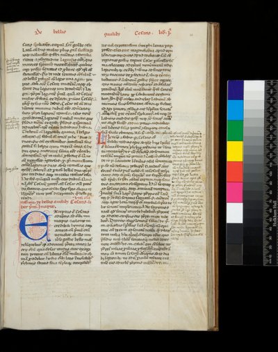 Ms 342. Cezar, Opera, f.38r. Inicjał [E] w kolorze niebieskim z dekoracją z kwitnienia piórem w kolorze czerwonym autorstwa Italian School
