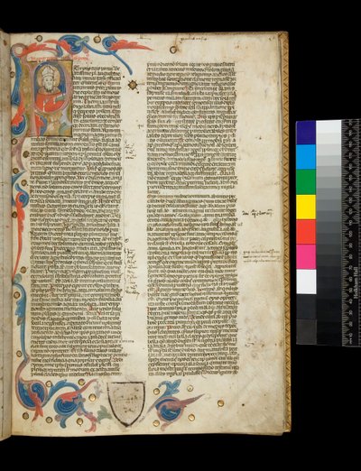 Ms 370. Orosius, Historia pogan przeciwko poganom Iluminowany inicjał mieszkalny [P], z portretem autora w stroju biskupa i częściową bordiurą z motywami roślinnymi, Bolonia lub Padwa autorstwa Italian School