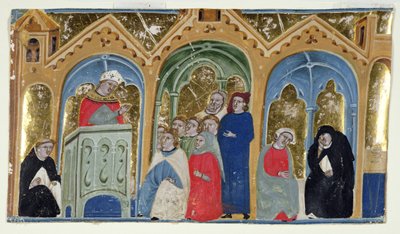 Ms. 400-2000: Miniatura z Gratians Decretum ukazująca biskupa przemawiającego do wiernych, ok. 1325-30 autorstwa Italian School