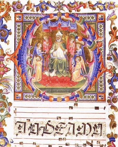 Ms 557 f.35v Historyczny inicjał „O” przedstawiający Aegidiusza (St. Giles) (zm. 700) na tronie w otoczeniu aniołów, z „Messale di Sant