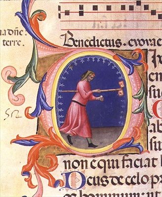 Ms 559 f.113v Historyczny inicjał „O” przedstawiający św. Józefa trzymającego laskę z dwiema flagami ozdobionymi gołębiami, z Psałterza Santa Maria Novella, iluminowanego przez Paolo Soldiniego (fl.1342-86) 1379 (wellum) autorstwa Italian School