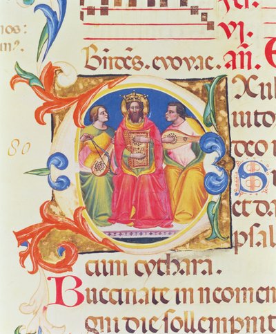 Ms. 559 f.155v Historyczny inicjał O przedstawiający króla Dawida i dwa anioły, z Psałterza Santa Maria Novella, iluminowany przez Paolo Soldiniego (fl.1342-86) 1379 autorstwa Italian School