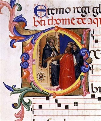 Ms 559 f.285v Historyczny inicjał „O” przedstawiający mnicha na mnichu rozmawiającego z innymi mnichami, z Psałterza Santa Maria Novella, iluminowanego przez Paolo SOldiniego (fl.1342-86) 1379 (wellum) autorstwa Italian School