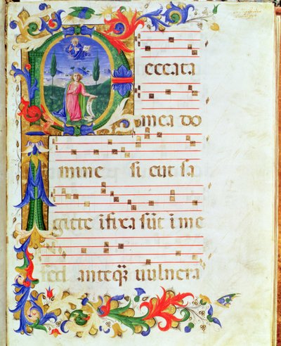 Ms 577 f.1 Historyczny inicjał „P” przedstawiający męską postać na pustyni, z „Messale di Sant