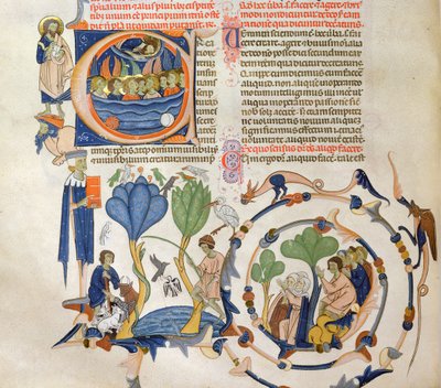 Ms 766 Chrystus przemawiający do aniołów i sceny z codziennego życia średniowiecznego (rolnictwo, rolnictwo, rybołówstwo i modlitwa, miniatury z Liber Quatuor Sententiarum (Księga Sentencji) autorstwa Petrusa Lombardusa, dr. autorstwa Italian School