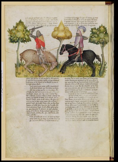 Pani Fr 343 fol.26v Sir Percivals koń zostaje zabity, z Queste del Saint Graal, ok. 1380-85 autorstwa Italian School