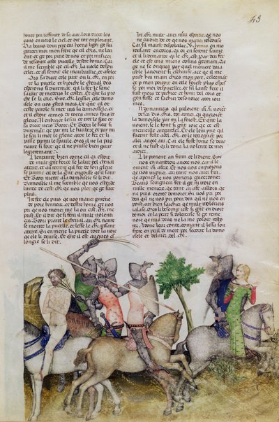 Pani Fr 343 fol.43 Rycerz Okrągłego Stołu, Sir Bors, zmuszony jest dokonać wyboru między uratowaniem brata Lionela a uratowaniem damy z Queste del Saint Graal, ok. 1380-85 autorstwa Italian School
