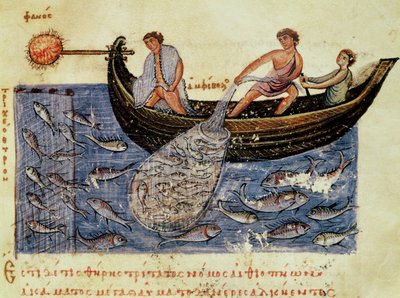 Pani Grec 479 Fishing with a Net, ilustracja z Halieutica autorstwa Oppiana (tempera na welinie) autorstwa Italian School