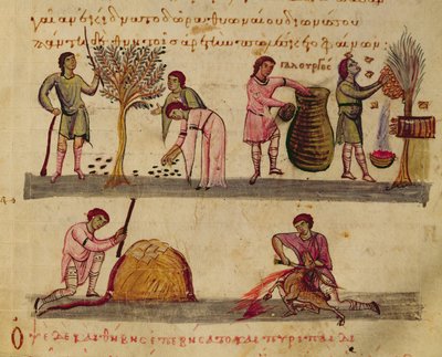 Pani Grec 479 Praca w polu, ilustracja z Cynegetica autorstwa Oppiana (tempera na welinie) autorstwa Italian School