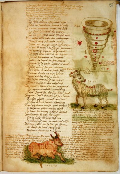 Pani Ital 483 P.4.7 f.156v Baran i Byk, z „Dittamondo” Fazio degli Uberti (welum) autorstwa Italian School