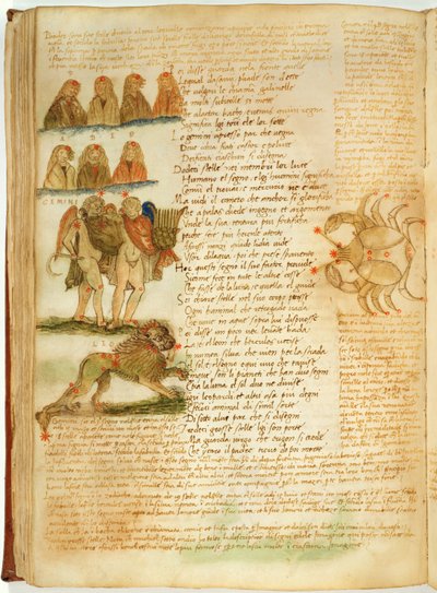Pani Ital 483 P.4.7 f.156v Gemini, Leo and Cancer, z „Dittamondo” Fazio degli Uberti (welum) autorstwa Italian School