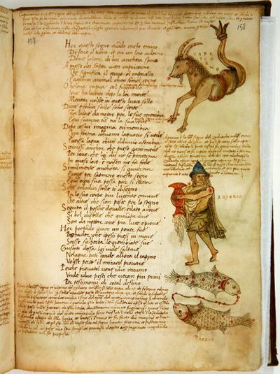 Pani Ital 483 P.4.7 f.158r Koziorożec, Wodnik i Ryby, z „Dittamondo” Fazio degli Uberti (welum) autorstwa Italian School