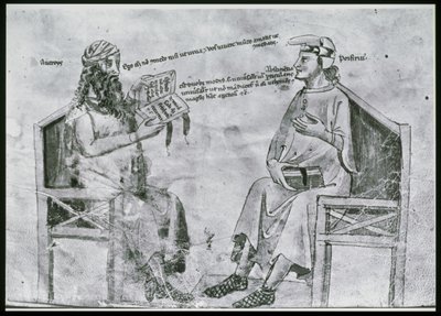 Pani Lat 6823 fol.2 Averroes (1126-98) w rozmowie z Porfirem (ok. 232-c. 305) (pióro i atrament oraz pranie na papierze) autorstwa Italian School