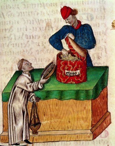 Pani Lat 993 fol.104r Sprzedawca kadzideł, z „Tractatus de Herbis” Dioscoridesa (welum) autorstwa Italian School
