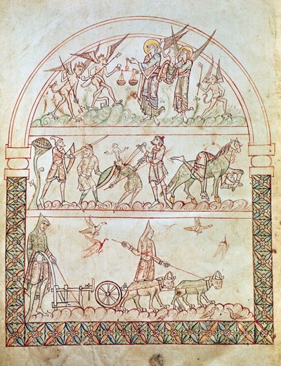 Pani Plut. 12.17,ok. 1b, Miasto ziemskie z trudami i nieszczęściami ludzkości oraz sądem duszy, z Miasta Bożego św. Augustyna, XI-XII w. autorstwa Italian School