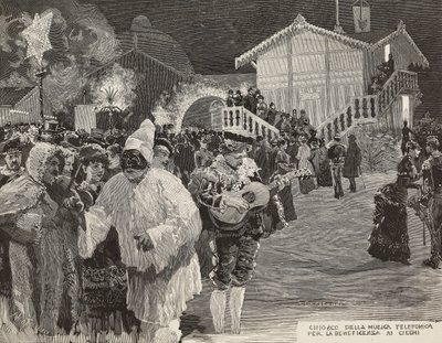Kiosk z muzyką do zbierania pieniędzy dla niewidomych, Maska Pulcinella, Karnawał w Neapolu, Włochy, rycina z rysunku Matania, rycina Gamberoni z L