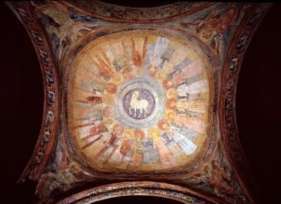 Mistyczny baranek otoczony świętymi i aniołami - Fresco autorstwa Italian School