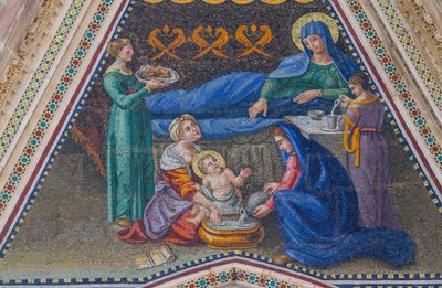Narodzenia Maryi, mozaika, szczyt bocznego wejścia, mozaika, fasada katedry w Orvieto, Umbria, Włochy autorstwa Italian School