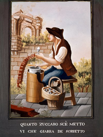 Małe metiery neapolitańskie: sprzedawca sorbetów - (Stary handel: sprzedawca lodów) Akwarela z XIX wieku - Neapol Museo Nazionale di San Martino autorstwa Italian School