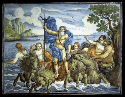 Neptun na swoim czołgu iz trójzębem. Talerz prostokątny, dekoracja wielkiego polichromowanego ognia, wykonany w Castelli we Włoszech autorstwa Italian School
