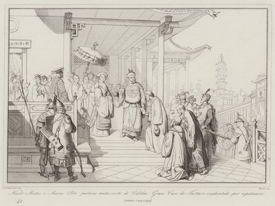 Nicolo Matteo i Marco Polo opuszczają dwór Cubilai Gran Can de Western Tatars w celu repatriacji autorstwa Italian School