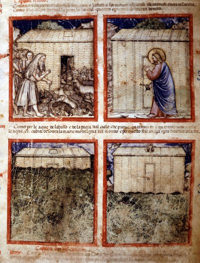 Arka Noego, miniatura zaczerpnięta z kodeksu 212 (lub kodeksu Padovano lub Biblii z Padwy) 1390-1400 Rovigo, Accademia dei Concordi autorstwa Italian School