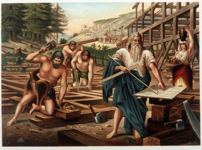 Noe i jego rodzina budują arkę (Noe patrzący na plan budowy) w „Golden Classic Bible: History of Divine Revelation in the Ancient and New Tesiamento” „” autorstwa Giovanniego Ladislao Sykora (tom 1), przekład Don Clemente Benetti (Włochy autorstwa Italian School