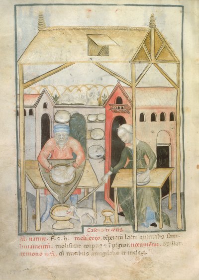 Nouv Acq Lat 1673 fol.58v Przygotowanie sera, z Tacuinum Sanitatis, c.1390-1400 autorstwa Italian School