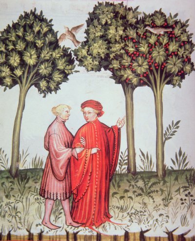 Nova 2644 fol.102v Dwóch przyjaciół na wspólnym spacerze, z Tacuinum Sanitatis Codex Vindobonensis (vellum) autorstwa Italian School