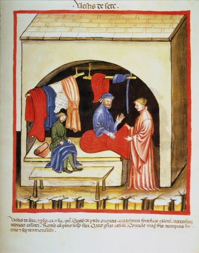 Nova 2644 fol.106r Sklep krawiecki : Jedwabne ubrania z Tacuinum Sanitatis autorstwa Italian School