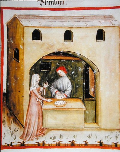 Nova 2644 fol.43r Sprzedaż skrobi pszennej, z Tacuinum Sanitatis Codex Vindobonensis (na welinie) autorstwa Italian School