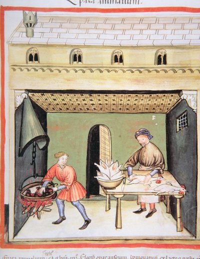 Nova 2644 fol.80r Rzeźnicy: Gotowanie wątroby z Tacuinum Sanitatis autorstwa Italian School