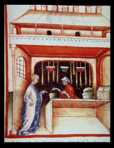 Nova 2644 fol.93v Sprzedaż piżma z Tacuinum Sanitatis autorstwa Italian School