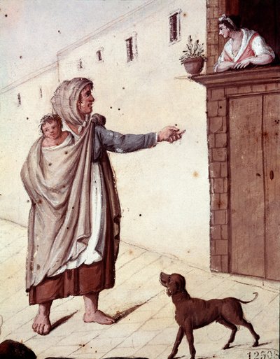 Stare neapolitańskie metiery: żebrak i jej dziecko na ulicach Neapolu - (Stare neapolitańskie zawody: żebrak) Akwarela z XIX wieku - Neapol Museo Nazionale di San Martino autorstwa Italian School