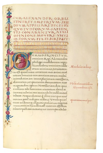 PSEUDO-ARISTOTLE, Secreta secretorum; "MARDOCHEUS IUDEUS", Epistola ad Alexandrum de cognitione veri dei; ADAM DE MONTALDO (ok. 1450-1495), Divinitus prolata iudicia sive premonita; Quedam alia summatim posita iudicia, Rzym, ok. 1490 (tusz i kolor na welin autorstwa Italian School