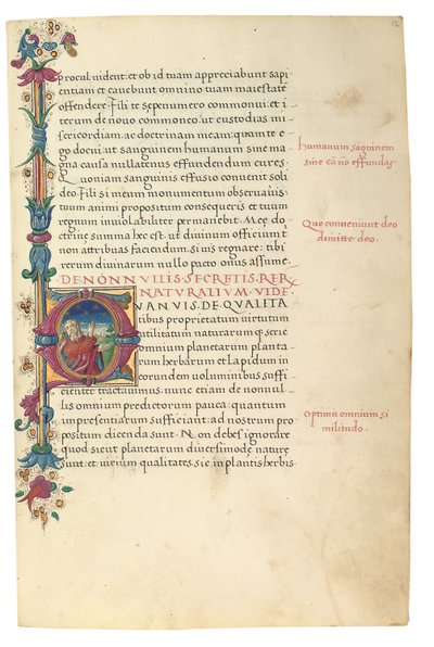 PSEUDO-ARISTOTLE, Secreta secretorum; "MARDOCHEUS IUDEUS", Epistola ad Alexandrum de cognitione veri dei; ADAM DE MONTALDO (ok. 1450-1495), Divinitus prolata iudicia sive premonita; Quedam alia summatim posita iudicia, Rzym, ok. 1490 (tusz i kolor na welin autorstwa Italian School