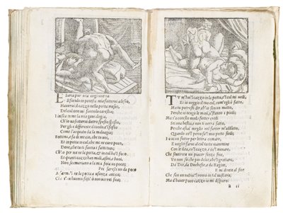 Strona z „Sonetti Lussuriosi” Pietro Aretino, ilustrowana przez Giulio Romano i grawerowana przez Marcantonio Raimondi, wydana w Wenecji, ok. 1527 autorstwa Italian School