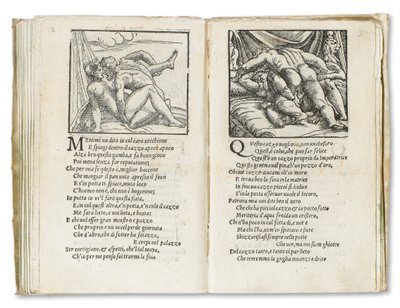 Strona z „Sonetti Lussuriosi” Pietro Aretino, ilustrowana przez Giulio Romano i rytowana przez Marcantonio Raimondi, wydana Wenecja, ok. 1527 (druk i drzeworyt) autorstwa Italian School