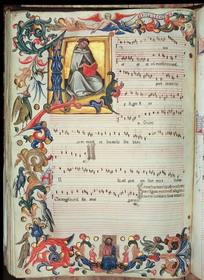 Strona notacji muzycznej z historycznym inicjałem, z Kodeksu Squarcialupi, sporządzonego we florenckim klasztorze S. Maria degli Angeli (wellum) autorstwa Italian School