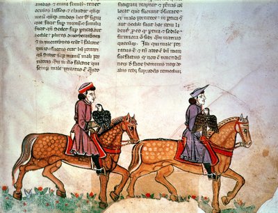 Pal Lat 1071 Fryderyk II: Dwóch jeźdźców z sokołami, z De Arte Polowanie z ptakami autorstwa Italian School