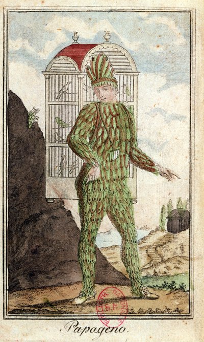 Ptasznik Papageno z Czarodziejskiego fletu Wolfganga Amadeusza Mozarta (1756-91), autorstwa Italian School