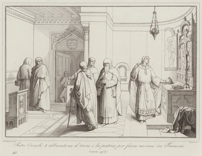 Pietro Orseolo I porzuca tron ​​i ojczyznę, aby zostać mnichem we Francji, 978 (rycina) autorstwa Italian School