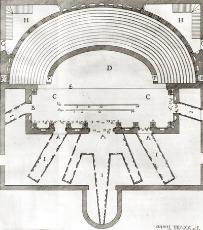 Plan Teatru Olimpijskiego, Vicenza, proj. Andrea Palladio (1508-80) wybudowany w latach 1580-85 autorstwa Italian School