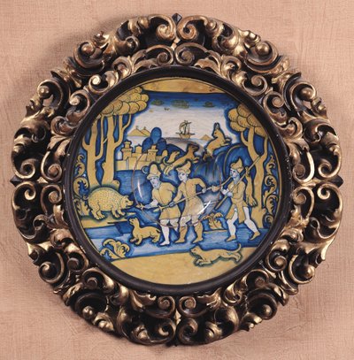 Talerz ozdobiony sceną myśliwską, Warsztat Deruta, ok. 1540-45 (majolika) autorstwa Italian School