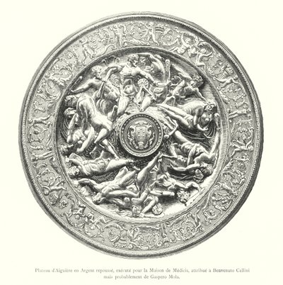 Taca garnkowa z odpychanego srebra, wykonana dla Domu Medyceuszy, przypisywana Benvenuto Cellini, ale prawdopodobnie Gaspero Mola (rycina) autorstwa Italian School